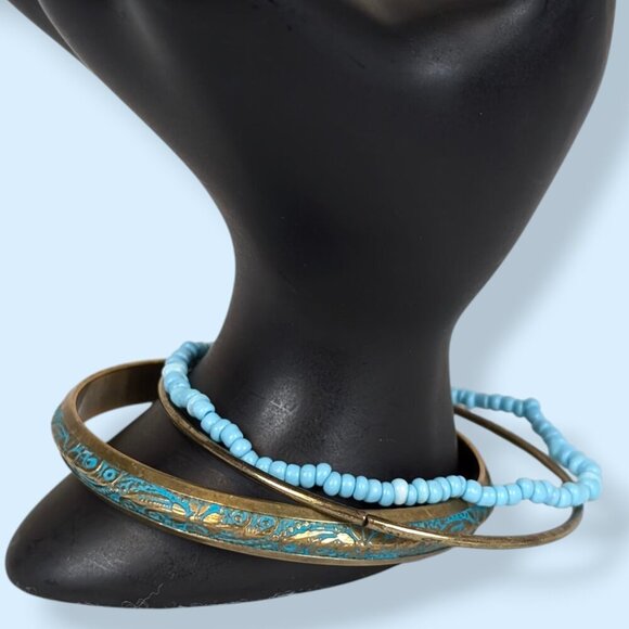 Set of 3 Gold Tone & Blue Bracelets - Picture 3 of 5